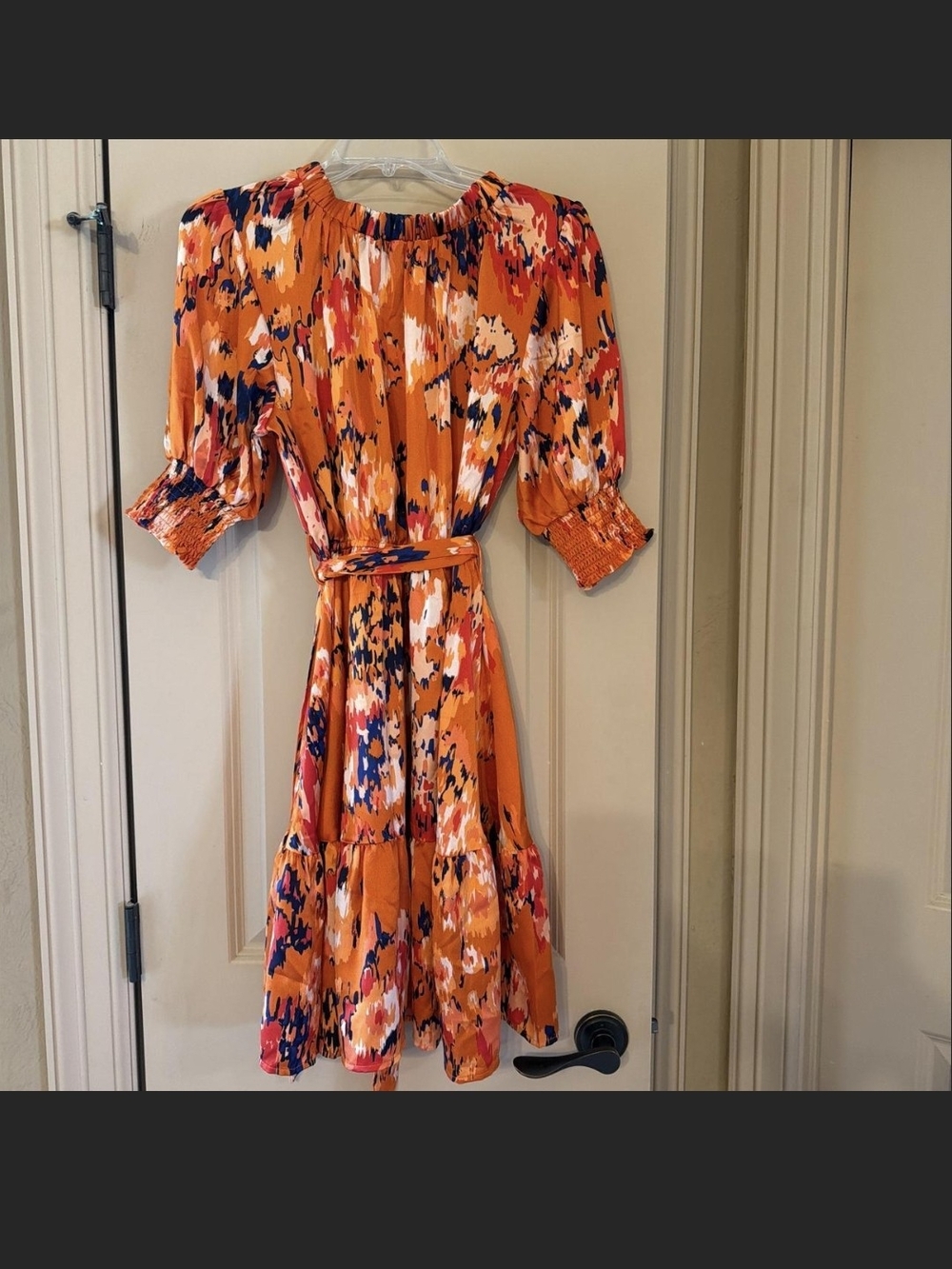 Orange Abstract Print Belted Midi Dress